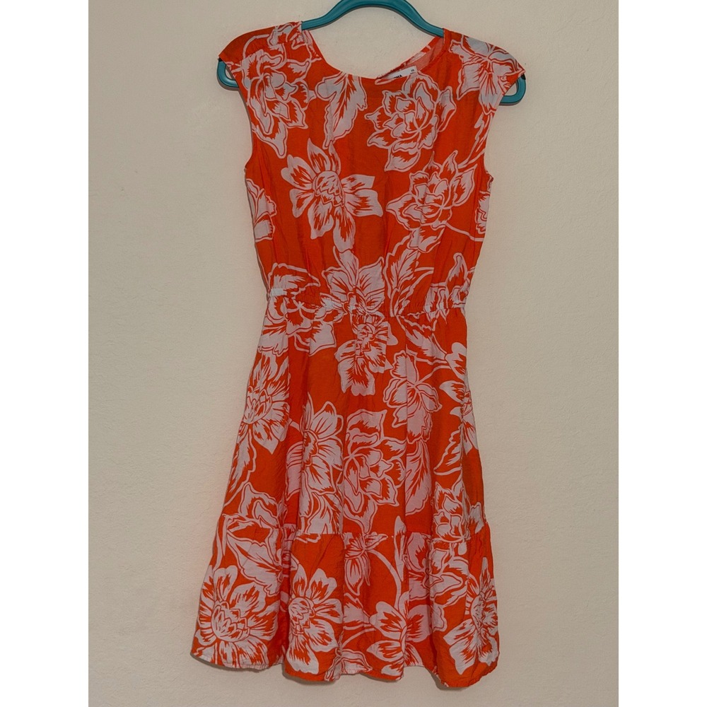 Sonoma Goods For Life Orange White Floral Tiered Dress XS Cap Sleeve Keyhole